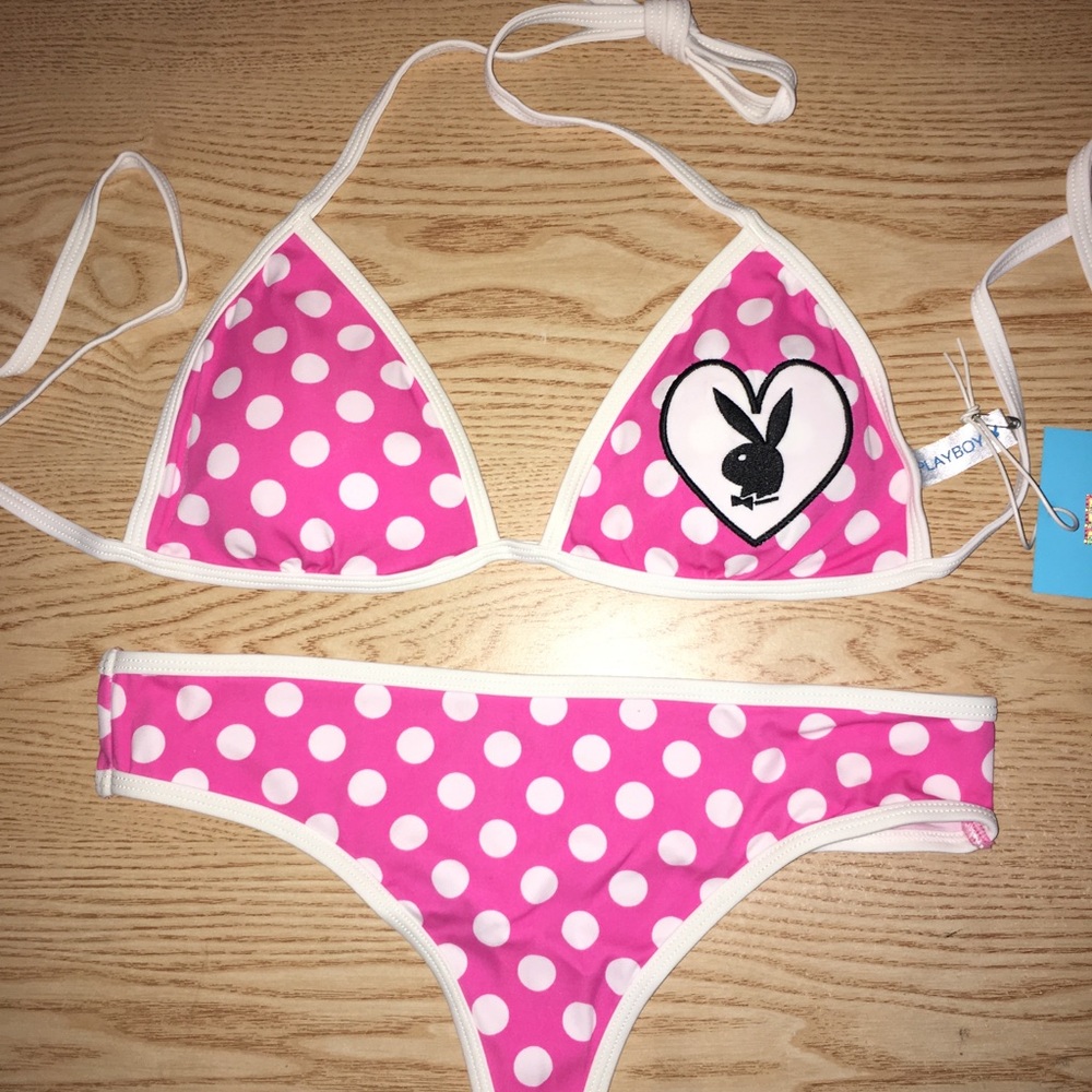New 2pc Sexy Vintage Playboy Polka Dot Thong Swimsuit Bikini Size Large & XL - Picture 5 of 14